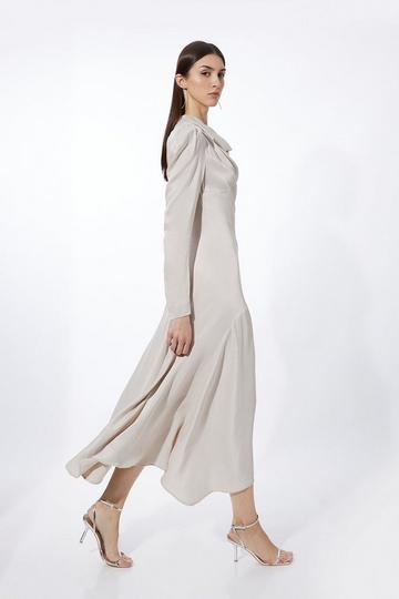 Silver Viscose Satin Asymmetric Woven Maxi Dress