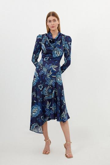 Blue Floral Print Viscose Satin Asymmetric Woven Maxi Dress