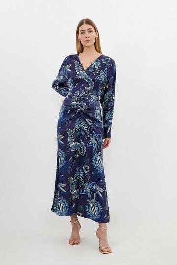 Blue Floral Print Viscose Satin Batwing Long Sleeve Midi Dress