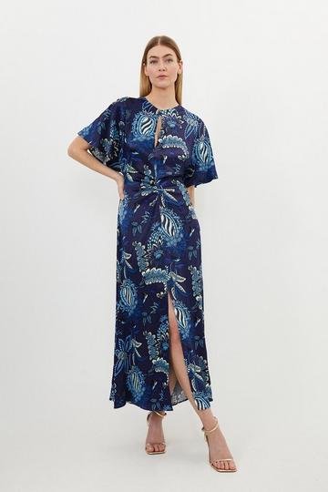 Floral Print Viscose Satin Batwing Midi Dress blue