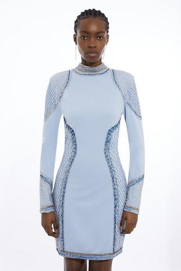 Blue Beaded And Embellished Ponte Jersey Mini Dress