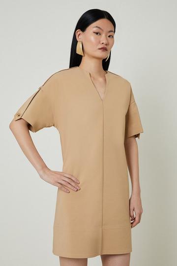 Techno Cotton V Cut Neck Short Sleeve Woven Mini Dress camel