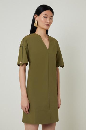 Techno Cotton V Cut Neck Short Sleeve Woven Mini Dress khaki