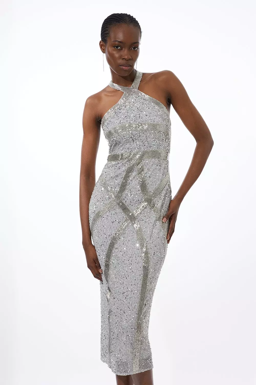 KAREN MILLEN Fringe Sequin Bandeau Midi Dress in Silver