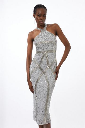 Wrap Maxi Jumpsuit In Sequin Silver | Jenerique | SilkFred US