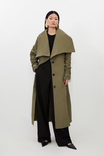 Khaki Tailored Asymmetric Collar Relaxed Fit Belted Coat