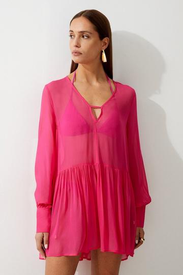 Pink Viscose Georgette Woven Beach Mini Dress