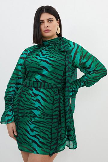 Plus Size Wild Tiger Print Georgette Woven Belted Mini Dress green