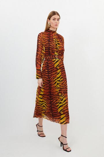 Petite Wild Tiger Printed Georgette Woven Midi Dress orange