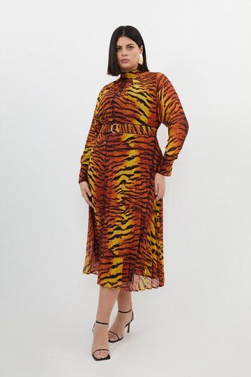 Orange Plus Size Wild Tiger Printed Georgette Woven Midi Dress