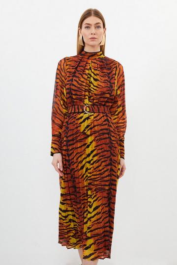 Orange Wild Tiger Printed Georgette Woven Midi Dress