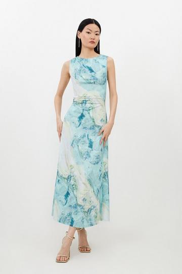 Green Marble Print Jersey Sleeveless Maxi Dress