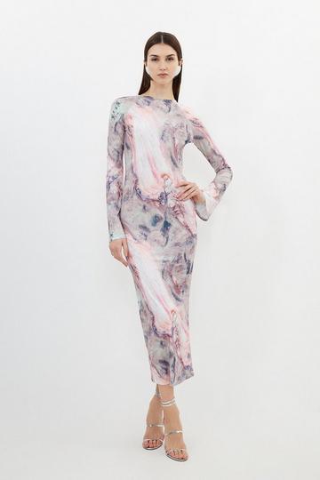 Pink Marble Print Jersey Long Sleeve Maxi Dress