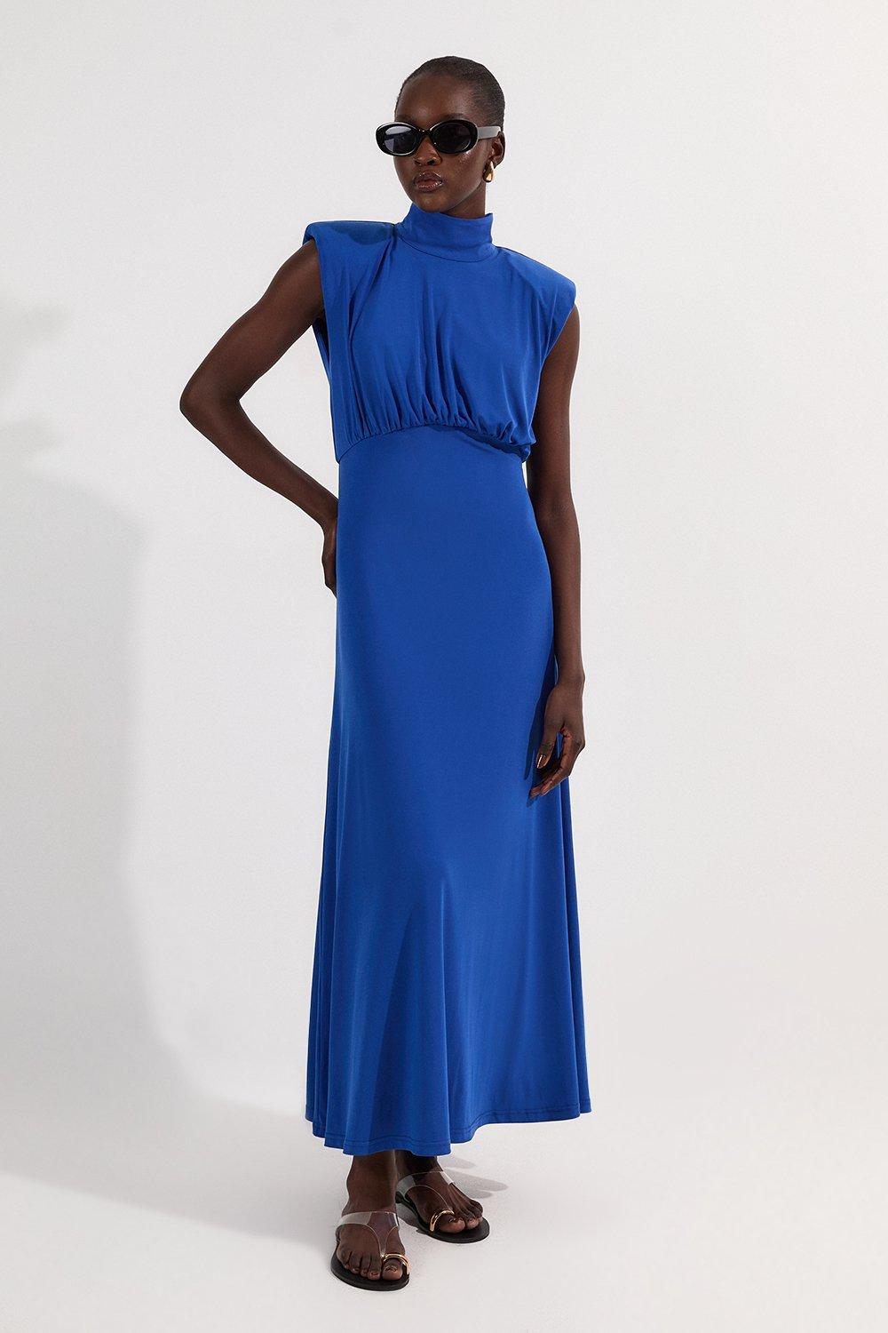 Drapey Crepe Jersey Corset Detail Maxi Dress - Blue