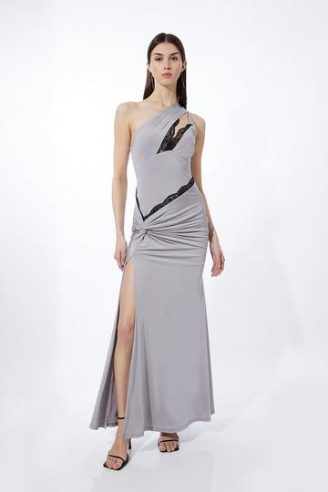 Silver Petite Lace Trim One Shoulder Jersey Maxi Dress