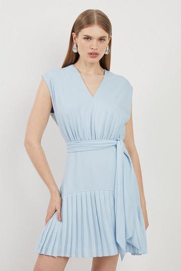 Blue Jersey And Georgette Mix Pleated Sleeveless Mini Dress