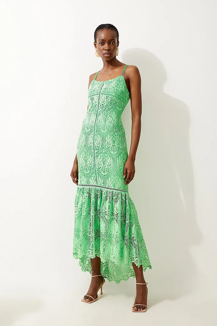 Petite Premium Satin Guipure Lace Strappy Maxi Dress | Karen Millen