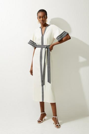 Contrast Stripe Mono Twill Woven Belted Midi Dress ivory