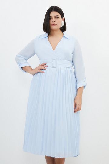Blue Plus Size Georgette Woven Belted Pleated Midi Dress