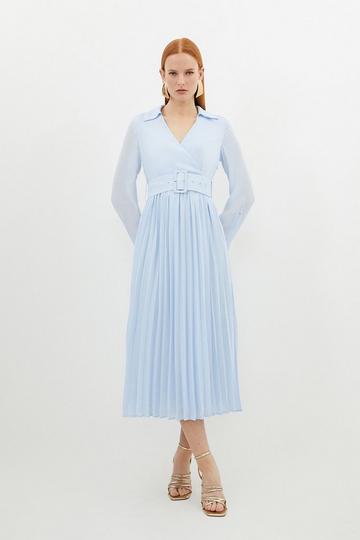 Petite Georgette Woven Belted Pleated Midi Dress blue