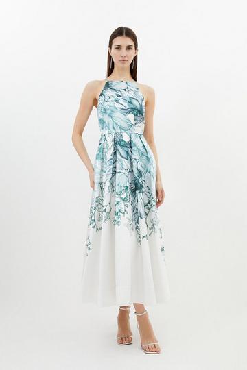 Placed Floral Low Back Woven Twill Midi Dress sage