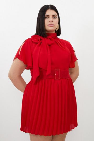 Red Plus Size Georgette Woven Tie Bow Neck Pleated Mini Dress