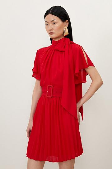 Red Georgette Woven Mini Tie Bow Neck Pleated Mini Dress