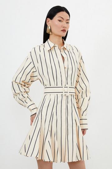 Cotton Stripe Godet Insert Woven Shirt Dress ivory