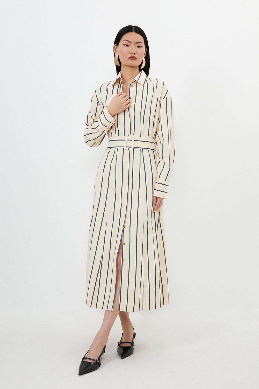Cotton Stripe Belted Woven Shirt Dress | Karen Millen