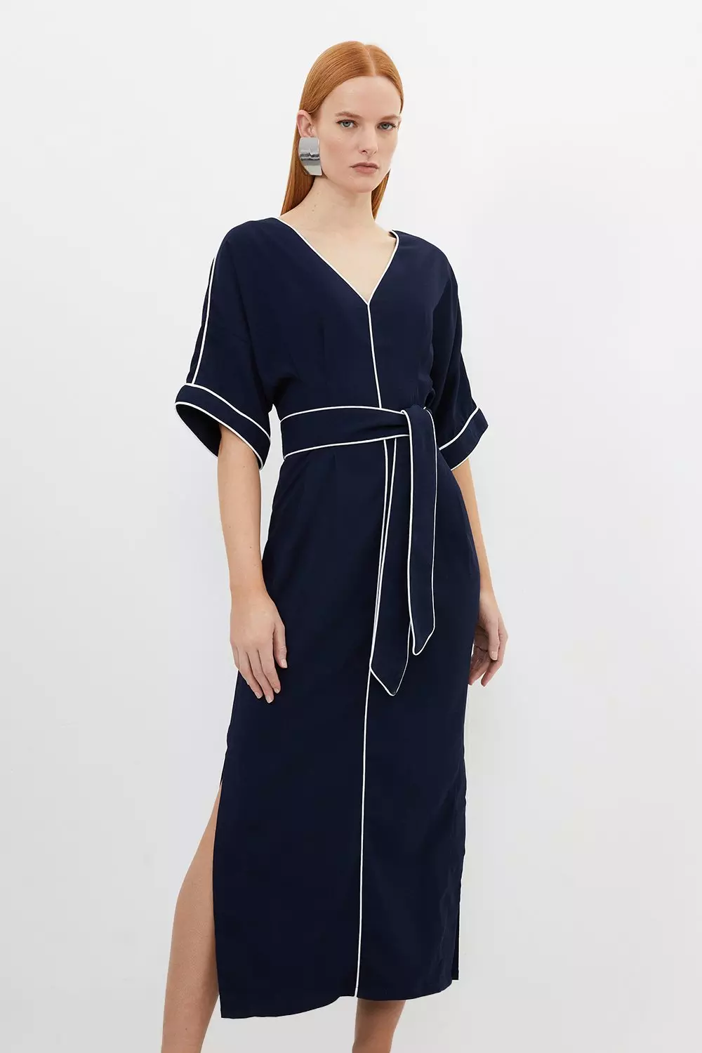 Navy blue dress hot sale with white piping