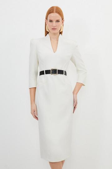 Tailored Structured Crepe High Neck Belted Pencil Dress ivory