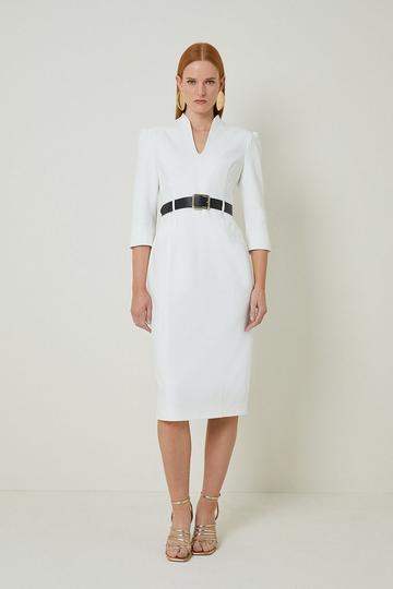 Petite Tailored Structured Crepe High Neck Belted Pencil Dress ivory