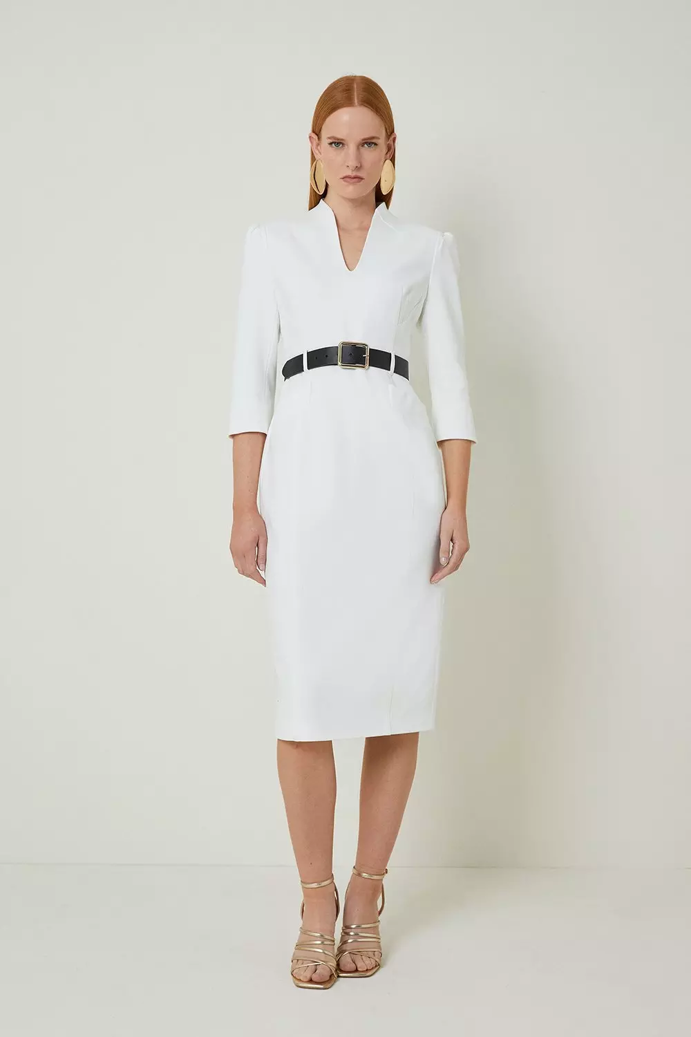 Petite Tailored Structured Crepe High Neck Belted Pencil Dress Karen Millen