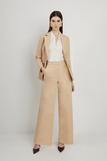 Cotton Sateen Wide Leg Tailored Trousers stone