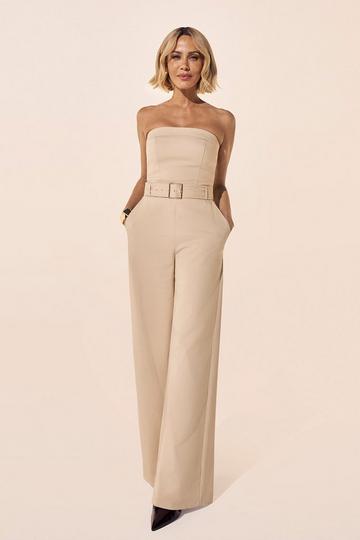 Cotton Sateen Belted Bandeau Tailored Wide Leg Jumpsuit stone