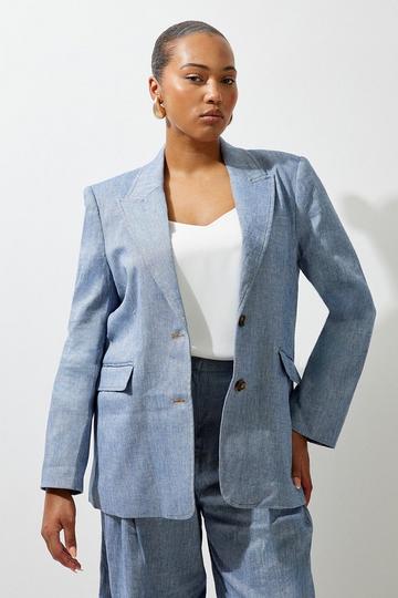Blue Plus Size Tailored Denim Look Linen Single Breasted Jacket