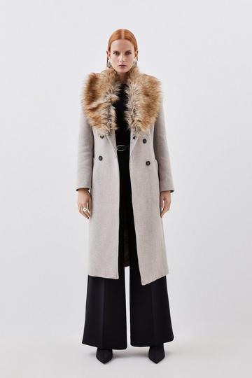 Italian Manteco Wool Blend Faux Fur Double Breasted Belted Midi Coat oatmeal