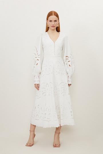 Mirrored Cutwork Plunge Woven Midi Dress white
