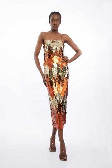 Orange Disc Sequin Strappy Midaxi Dress