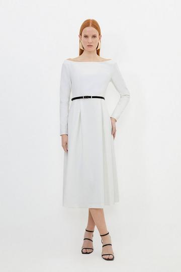Compact Stretch Off Shoulder Full Skirt Tailored Midi Dress ivory