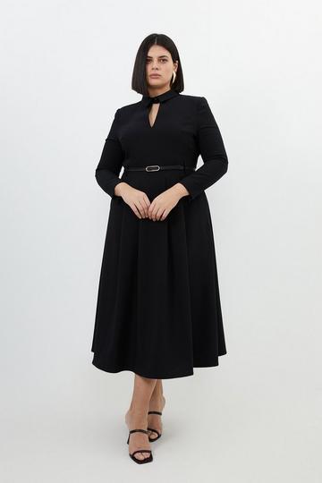 Black Plus Size Clean Tailored Pleat Detail Full Skirt Shirt Dress