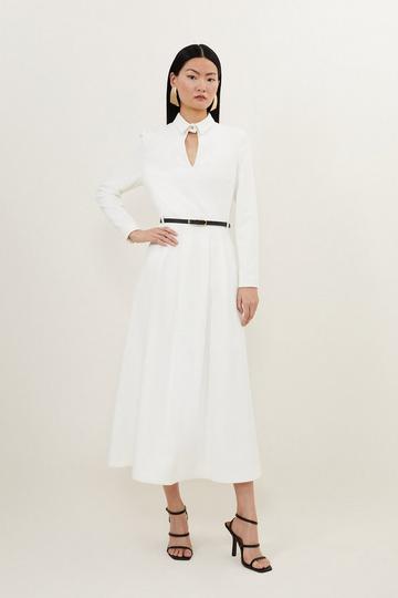 Ivory White Petite Clean Tailored Pleat Detail Full Skirted Shirt Dress