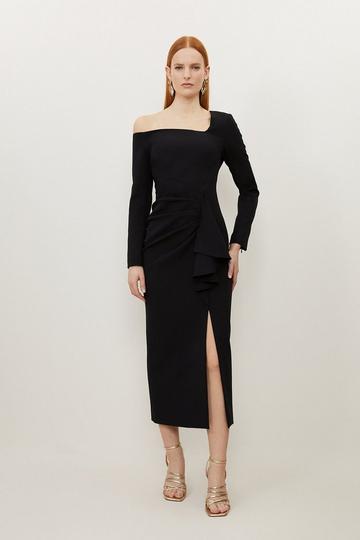 Stretch Crepe Asymmetric Neckline Draped Maxi Dress black