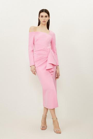 Pink Stretch Crepe Asymmetric Neckline Draped Maxi Dress