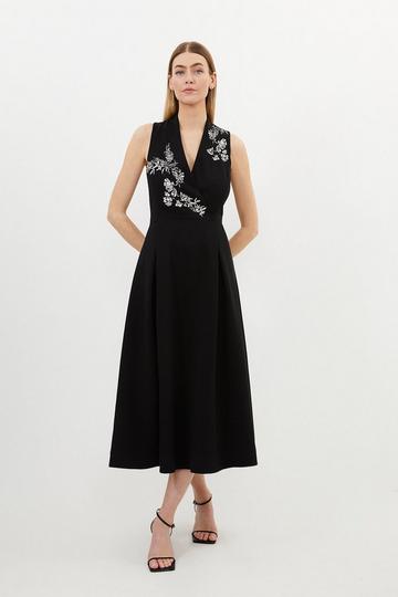 Compact Viscose Embroidery Drape Shoulder Maxi Dress black
