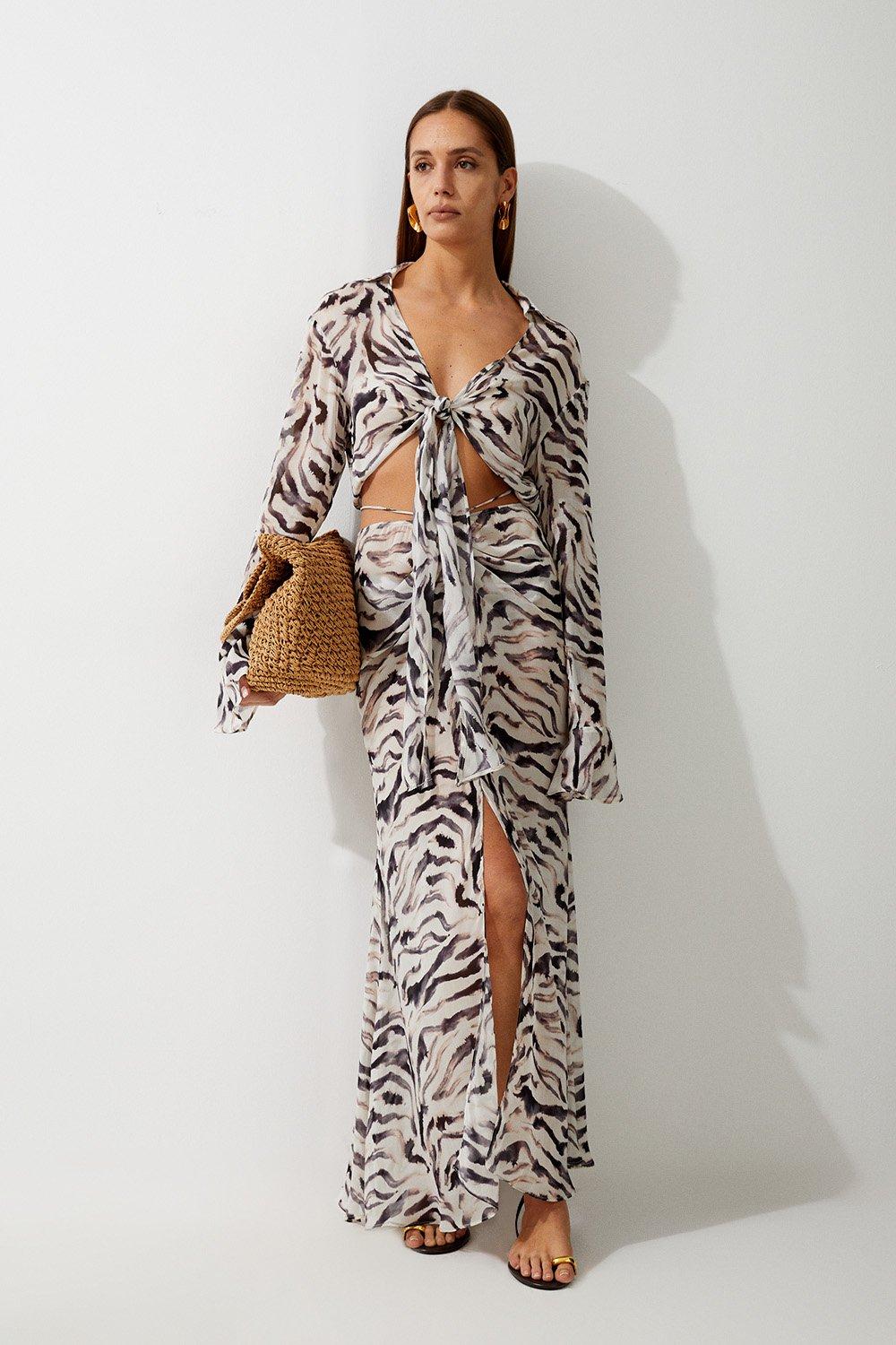 Animal Print Ruched Beach Skirt - Zebra