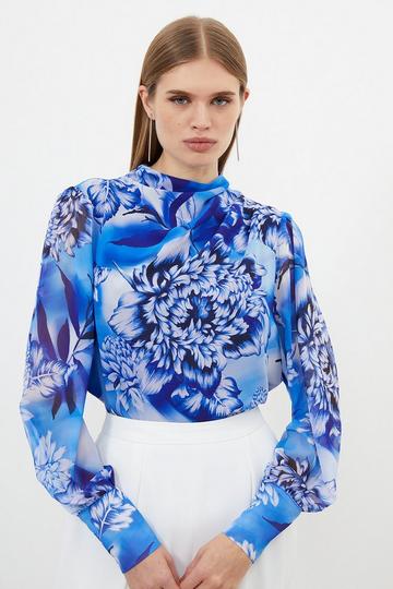 Blue Rose Pleated Georgette Woven Blouse blue