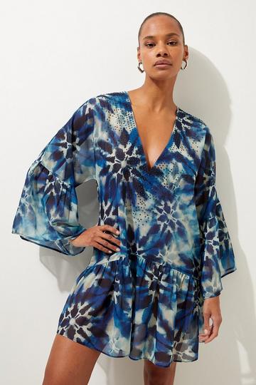 Embellished Tie Dye Kimono Sleeve Beach Mini Dress blue
