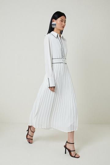 Piping Detail Woven Belted Maxi Dress ivory