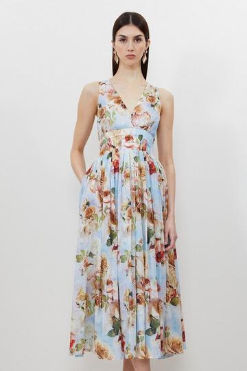 Floral Multi Silk Cotton Rose Print Plunge Woven Maxi Dress
